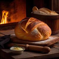 cestino di francese pane, tradizionale brasiliano pane con fuoco sfondo. fresco pane su il di legno. fatti in casa francese pane su di legno. generativo ai foto