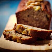 fatti in casa Banana pane su di legno sfondo. Banana pane Noce pagnotta. Banana pane pagnotta quello è affettato in con uno fetta nel davanti. generativo ai foto