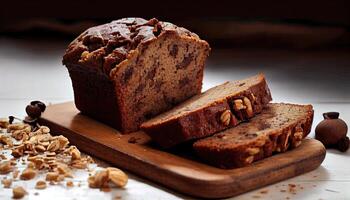 pezzi di americano fatti in casa affettato Banana pane con tritato Noci, cioccolato, e cannella. pila di pezzi di pane. prima colazione concetto. generativo ai foto