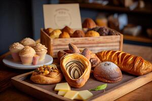 forno interno con Schermo contatori pieno di delizioso pane e pasticcini. negozio un' pasticceria o forno con Cornetti, Mela torte, cialde, e churros. appena al forno pasticcini. generativo ai foto