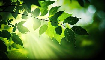 verde le foglie di un' albero contro il cielo. sole morbido leggero attraverso il verde fogliame di il albero. primavera naturale sfondo. fresco verde le foglie. generativo ai foto