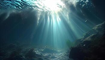 estate tempo sotto mare oceano nel pulito e chiaro acqua con raggio di luce del sole a partire dal superficie per sfondo concetto design. generativo ai foto