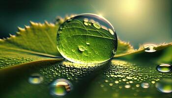 grande bellissimo gocce di trasparente pioggia acqua su un' verde foglia macro. gocce di rugiada nel il mattina splendore nel il sole. bellissimo foglia struttura nel natura. naturale sfondo. generativo ai foto