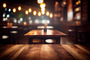 Immagine di di legno tavolo nel davanti di astratto sfocato sfondo di ristorante luci. legna tavolo superiore su sfocatura di illuminazione nel notte caffè, ristorante sfondo.selettivo messa a fuoco. generativo ai foto