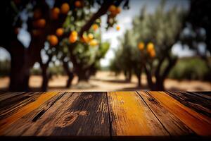 vuoto legna tavolo con gratuito spazio al di sopra di arancia alberi, arancia campo sfondo. per Prodotto Schermo montaggio. di legno tavolo posto di gratuito spazio per il tuo. generativo ai foto