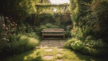 Giardino dietro la casa giardino di legno panchina un' posto per sedersi e rilassare con natura e pianta circondare. sfondo e sfondo. foto