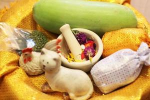 inverno melone, gatto e pollo ceramica con verde fagiolo, argento e oro stoffa Borsa su oro vassoio per tailandese Fidanzamento cerimonia.thai nozze cultura tradizione foto