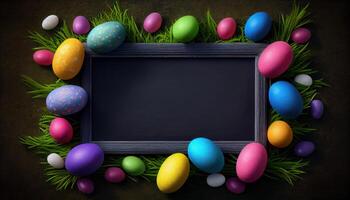colorato Pasqua uova posa su erba e inquadratura un' lavagna . ai generato foto