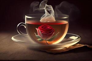 singolo rosso rosa nel un' tè tazza, con un' tè Borsa sagomato piace un' cuore galleggiante nel il cottura a vapore tè . ai generato foto