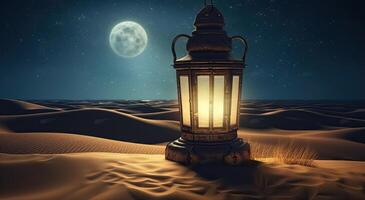 Ramadan islamico lanterna su deserto sfondo, nel il stile di romantico illuminato dalla luna paesaggi marini, blu e ambra, misterioso paesaggi onirici, decorativo quadri, illustrazione generativo ai foto