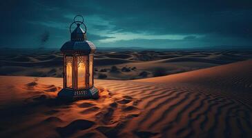 Ramadan islamico lanterna su deserto sfondo, nel il stile di romantico illuminato dalla luna paesaggi marini, blu e ambra, misterioso paesaggi onirici, decorativo quadri, illustrazione generativo ai foto