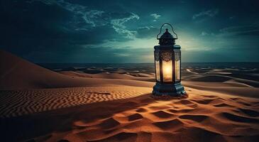 Ramadan islamico lanterna su deserto sfondo, nel il stile di romantico illuminato dalla luna paesaggi marini, blu e ambra, misterioso paesaggi onirici, decorativo quadri, illustrazione generativo ai foto