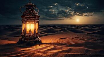 Ramadan islamico lanterna su deserto sfondo, nel il stile di romantico illuminato dalla luna paesaggi marini, blu e ambra, misterioso paesaggi onirici, decorativo quadri, illustrazione generativo ai foto