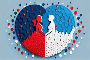 amore solidarieta e romanza concetto. giovane amorevole coppia. illustrazione coppia creato a partire dal un' amore cuore icona. coppia su il sfondo di il cuore. generativo ai foto