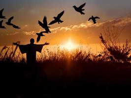 silhouette di un' donna Aperto mano nel il campo di erba a il tramonto ringraziando Dio, adorare, preghiere per Dio, alcuni colomba o uccello, ispirazione, risurrezione speranza e concetto. foto