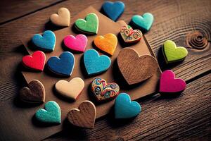 colorato cuore forma di legno su di legno sfondo. San Valentino giorno colorato cuore forma su vecchio legna sfondo. vacanze sfondo. carta per amore. generativo ai. foto