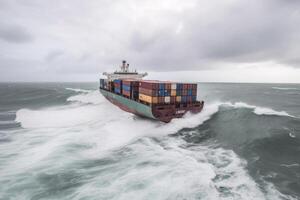 distrutto carico nave con contenitori nel tempestoso mare con grande onde. generativo ai foto