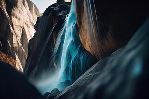 avvicinamento Visualizza di ruscello cascata. cascata avvicinamento sfondo. acqua caduta su il rocce nel vicino su. generativo ai. foto