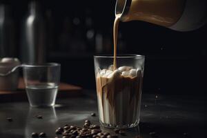 morbido tonalità di il latte essere versato in ghiacciato caffè generativo ai foto