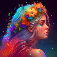 lato viso di un' bellissimo ragazza bellissimo lungo colorato capelli con fiori generativo ai foto