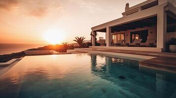 generativo ai illustrazione di un' lusso villa con un' piscina a tramonto foto