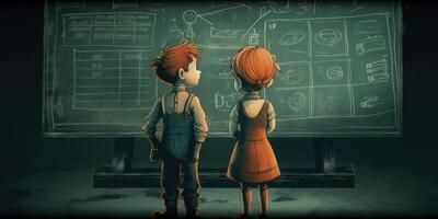 Due bambini in piedi con lavagna Il prossimo per ogni Altro, cartone animato illustrazione con generativo ai foto