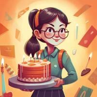 un' ragazza è Tenere un' torta mentre festeggiare un' compleanno, cartone animato illustrazione con generativo ai foto