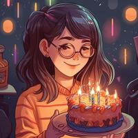 un' ragazza è Tenere un' torta mentre festeggiare un' compleanno, cartone animato illustrazione con generativo ai foto