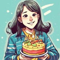 un' ragazza è Tenere un' torta mentre festeggiare un' compleanno, cartone animato illustrazione con generativo ai foto