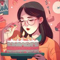 un' ragazza è Tenere un' torta mentre festeggiare un' compleanno, cartone animato illustrazione con generativo ai foto