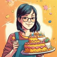 un' ragazza è Tenere un' torta mentre festeggiare un' compleanno, cartone animato illustrazione con generativo ai foto