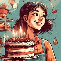 un' ragazza è Tenere un' torta mentre festeggiare un' compleanno, cartone animato illustrazione con generativo ai foto