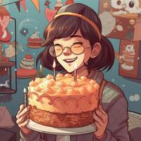 un' ragazza è Tenere un' torta mentre festeggiare un' compleanno, cartone animato illustrazione con generativo ai foto