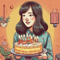 un' ragazza è Tenere un' torta mentre festeggiare un' compleanno, cartone animato illustrazione con generativo ai foto