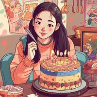 un' ragazza è Tenere un' torta mentre festeggiare un' compleanno, cartone animato illustrazione con generativo ai foto