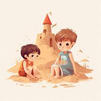 Due bambini giocare nel il sabbia castello, cartone animato illustrazione con generativo ai foto