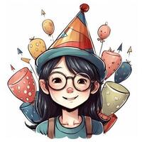 un' bambino con bicchieri e un' cappello è festeggiare sua compleanno, cartone animato illustrazione con generativo ai foto