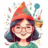 un' bambino con bicchieri e un' cappello è festeggiare sua compleanno, cartone animato illustrazione con generativo ai foto