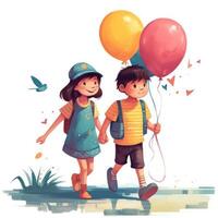 Due bambini Tenere palloncini a passeggio, cartone animato illustrazione con generativo ai foto