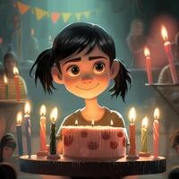 un' ragazza è Tenere un' torta mentre festeggiare un' compleanno, cartone animato illustrazione con generativo ai foto