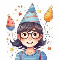 un' bambino con bicchieri e un' cappello è festeggiare sua compleanno, cartone animato illustrazione con generativo ai foto