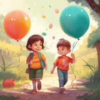 Due bambini Tenere palloncini a passeggio, cartone animato illustrazione con generativo ai foto