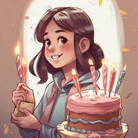 un' ragazza è Tenere un' torta mentre festeggiare un' compleanno, cartone animato illustrazione con generativo ai foto