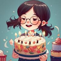 un' ragazza è Tenere un' torta mentre festeggiare un' compleanno, cartone animato illustrazione con generativo ai foto