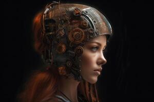 un' femmina umano cyborg ritratto 1000 anni nel il futuro creato con generativo ai tecnologia. foto