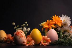 un' tradizionale Pasqua sfondo per il cristiano Pasqua con colorato uova e decorazioni creato con generativo ai tecnologia. foto