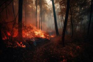 foresta fuoco con alberi su fuoco foto con generativo ai