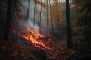foresta fuoco con alberi su fuoco foto con generativo ai