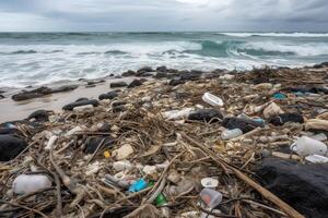 rovesciato spazzatura su il spiaggia di il grande città. vuoto Usato sporco plastica bottiglie. sporco mare sabbioso riva il nero mare. ambientale inquinamento. ecologico problema. generativo ai. foto