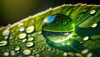 grande bellissimo gocce di trasparente pioggia acqua su un' verde foglia macro. gocce di rugiada nel il mattina splendore nel il sole. bellissimo foglia struttura nel natura. naturale sfondo. generativo ai foto